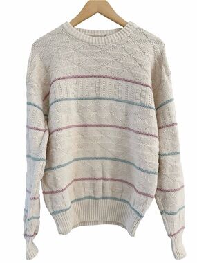 Vintage The Fox Collection Grandpa Sweater Size Medium Thick Knit Beige Striped